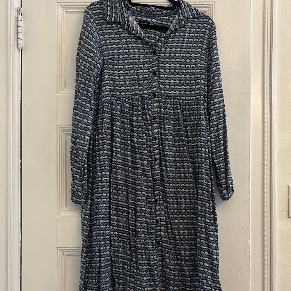 Blue and White Buttoned Long Sleeve Sundress